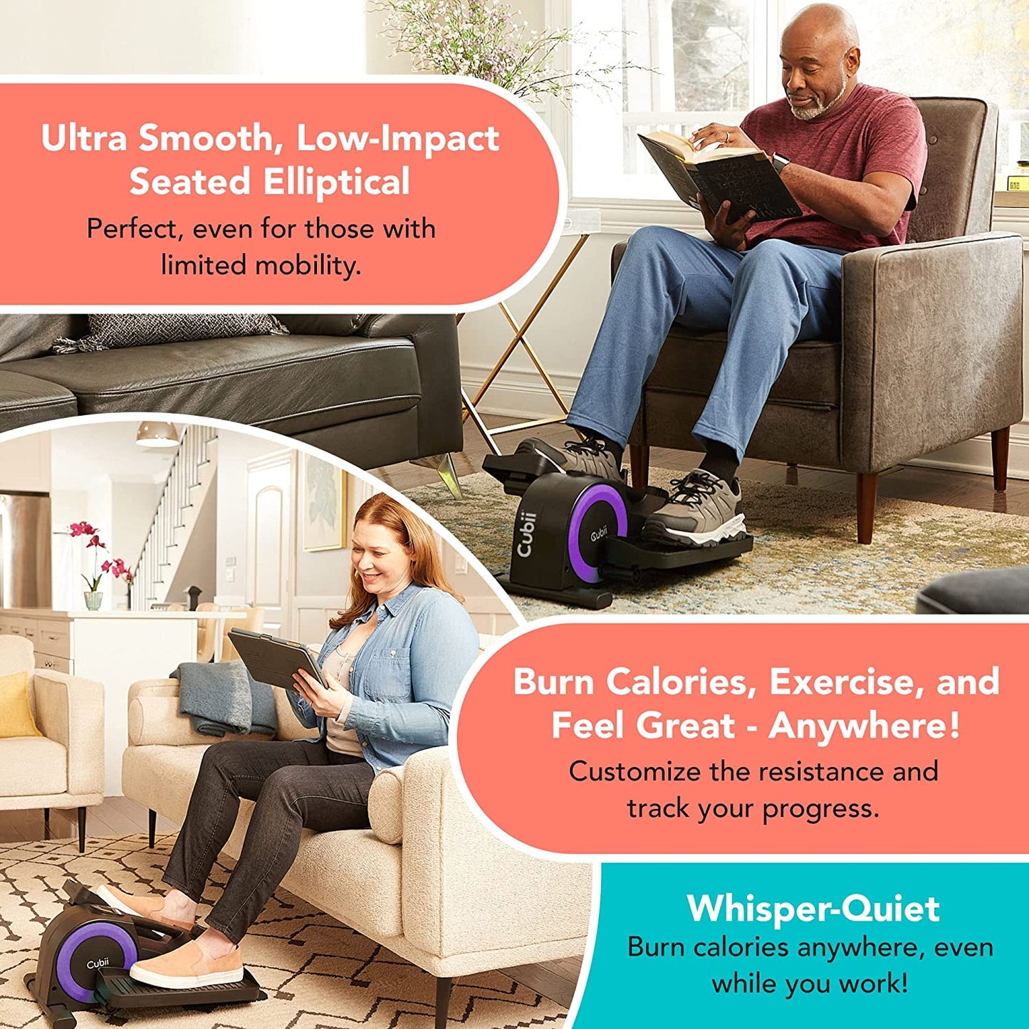 JR1 Seated under Desk Elliptical Machine for Home Workout, Mini Elliptical, Desk Bike Pedal Exerciser, Whisper Quiet, under Desk Pedal Exerciser W/Adjustable Resistance & LCD Display